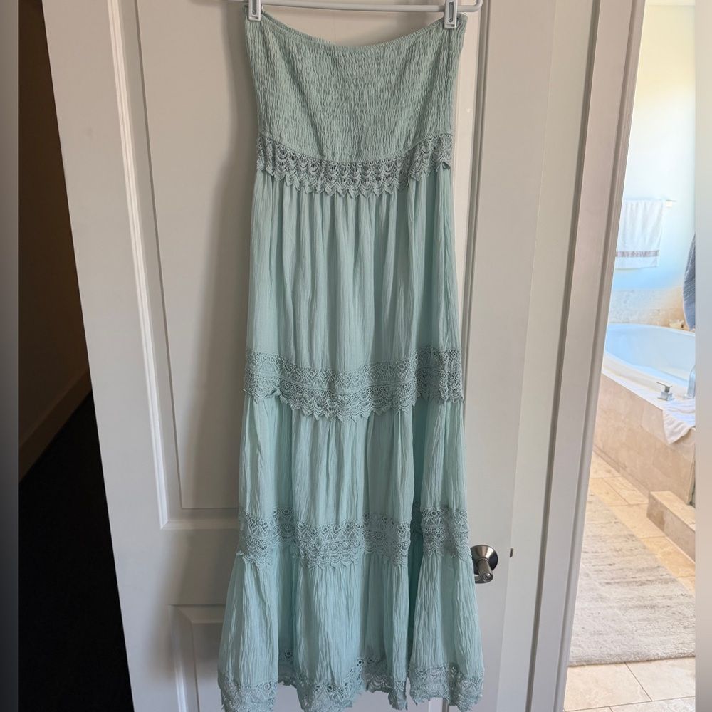 Just Me Dusty Blue Strapless Smocked Maxi Dress